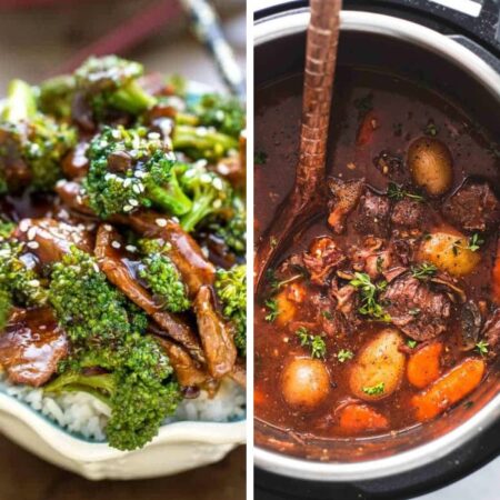 collage of beef and broccoli and instant pot beef stew in pressure cooker