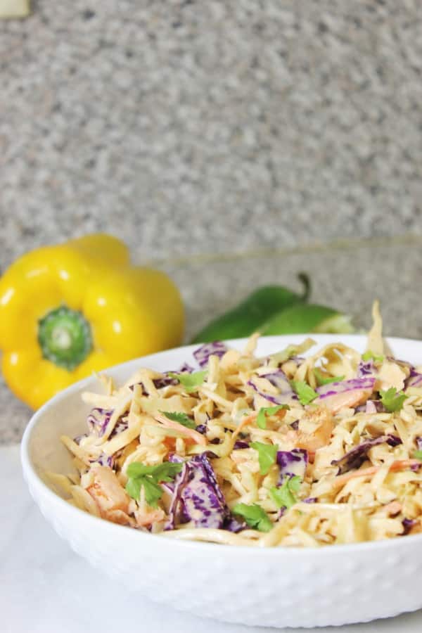 mexican slaw in a bowl with peppers behind it