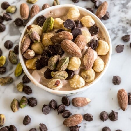 marble countertops with nuts and chocolate chips on top