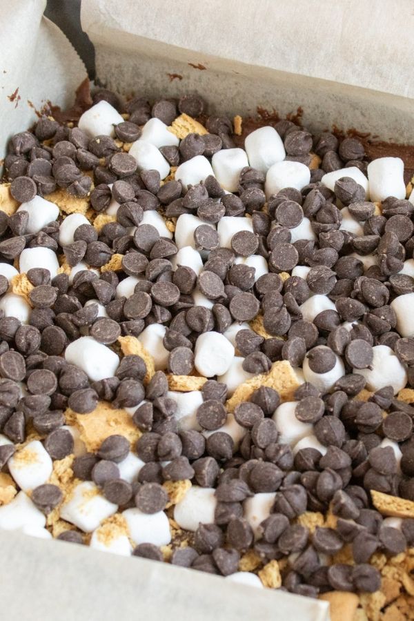 Smores brownies are a quick way to get the flavors of a classic s'mores recipe in a brownie form. These Brownie Smores will win over a crowd in a hurry. #brownies #smores #dessert #recipe #homemade #grahamcracker #Marshmallow #chocolatechips #easy #bars brownie smores in pan
