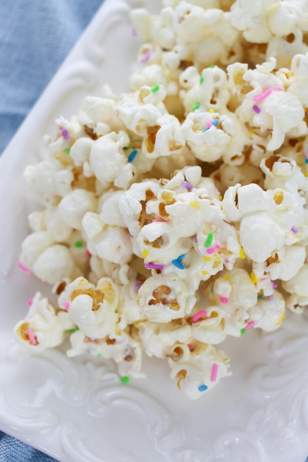 cake batter popcorn on a serving tray on table