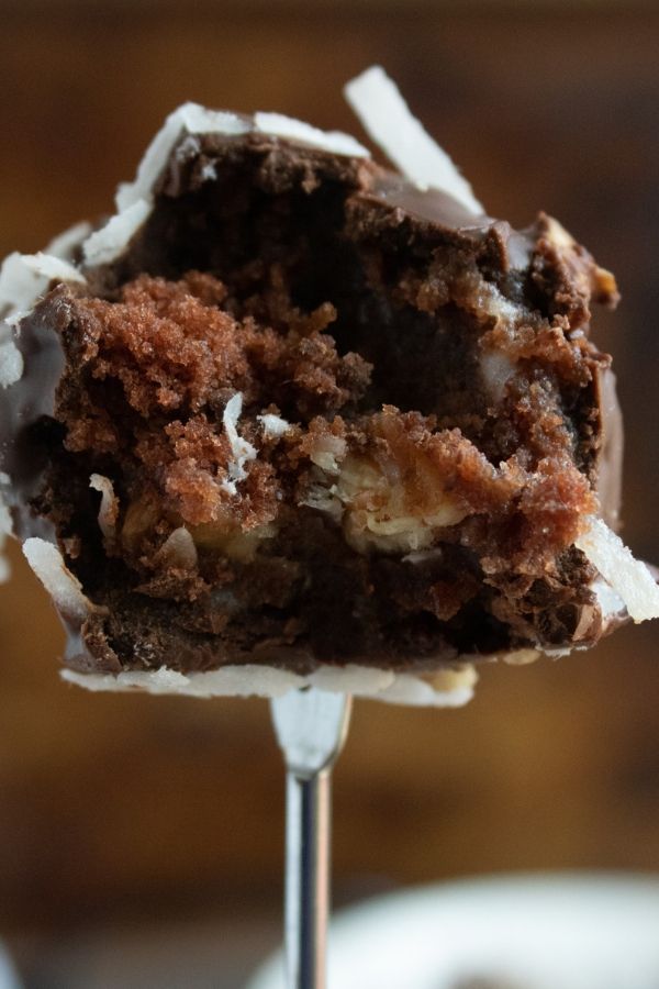 german chocolate cake ball on a fork