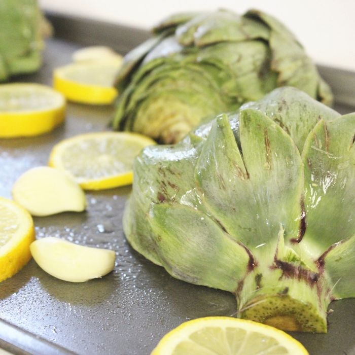 roasting artichokes on baking sheet