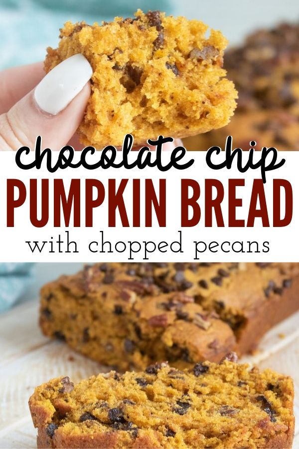 chocolate chip pumpkin bread on a plate that is sliced and laid out 