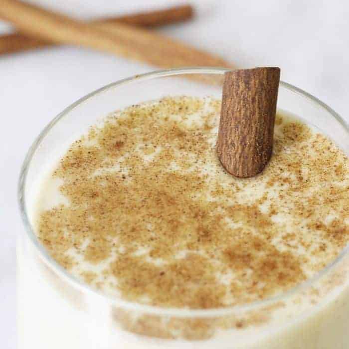 close up of glass with eggnog