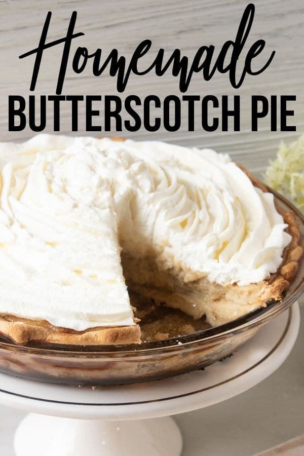 Butterscotch Pie with a homemade whipped topping. No pudding mix, a homemade classic butterscotch pie with a custard filling. #butterscotch #pie #whippedtopping #dessert #pie #partyfood #holiday #Easter #familydessert #potluckdessert #custardpie #homemade #fromscratch 