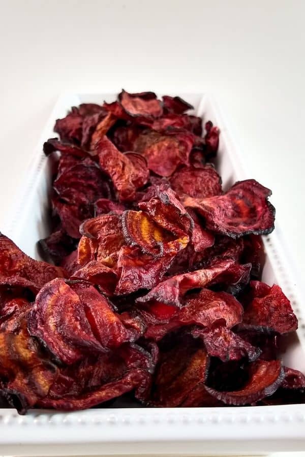 air fryer beet chips on platter