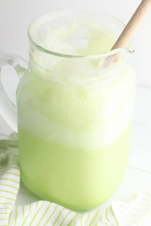 blended limeade in a glass pitcher 