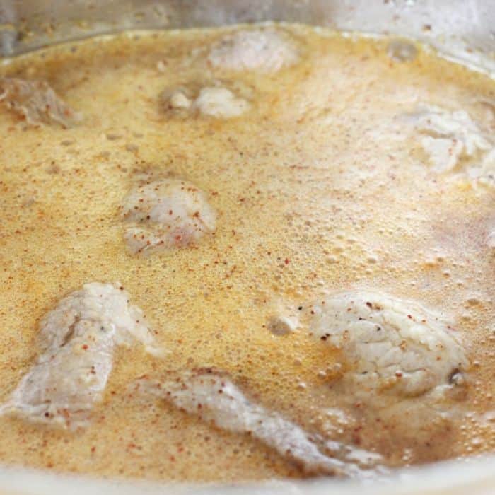 carnita meat with broth in an Instant Pot, side view