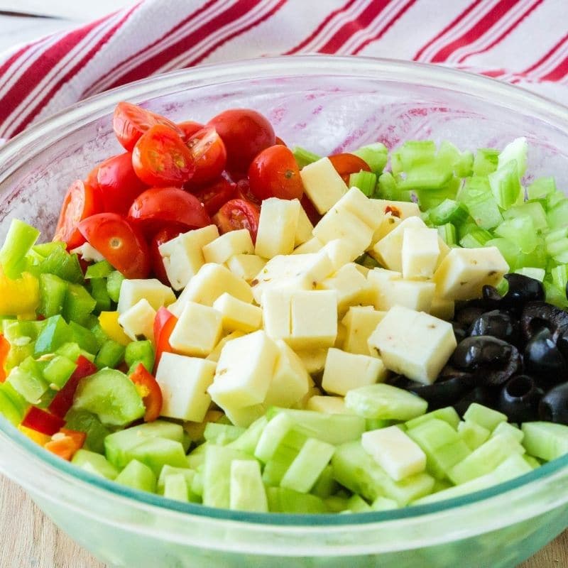 bowl of diced vegetables in a glass bowl 