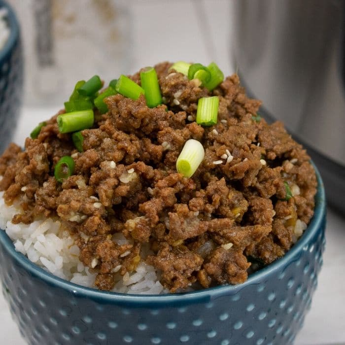 close up of bowl of beef with green onions and sesame seeds on top 