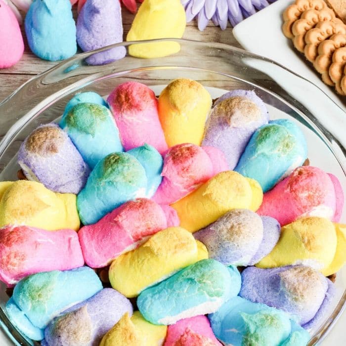  peeps in a pie pan that have been cooked in oven 