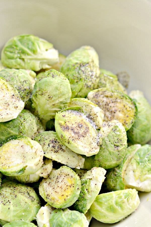 seasoned brussels sprouts stacked on top of each other 