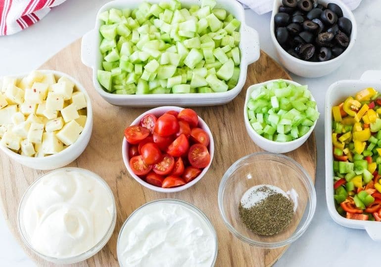 veggie salad ingredients on table 