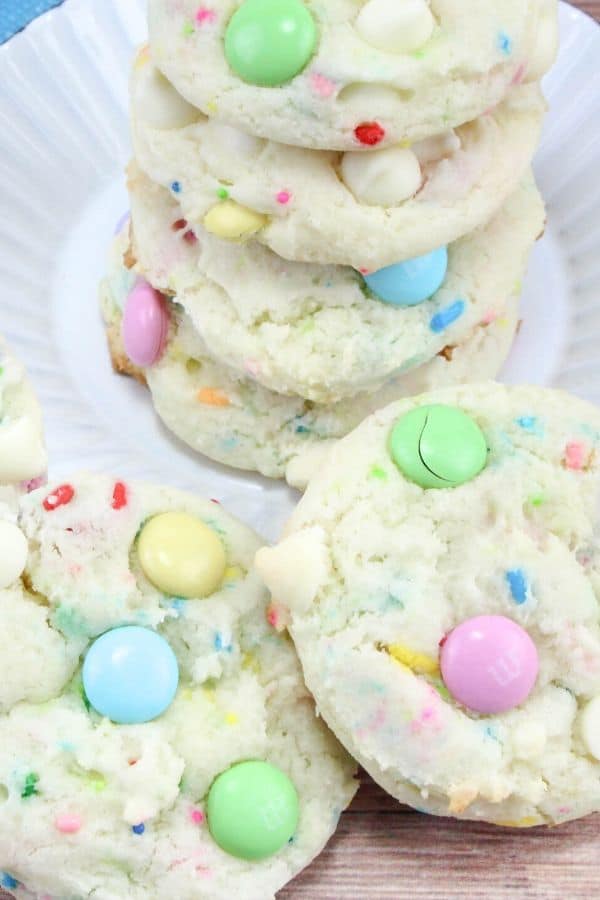 Funfetti Cake Cookies placed on a plate sitting on a table 