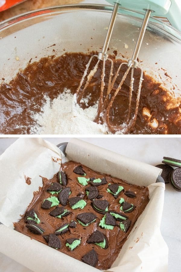 pictures on how to make mint brownies. One picture of a wet batter and other poured into baking pan with cookies on top 