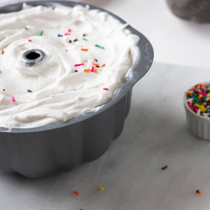 angel food cake pan full of angel food cake dough 