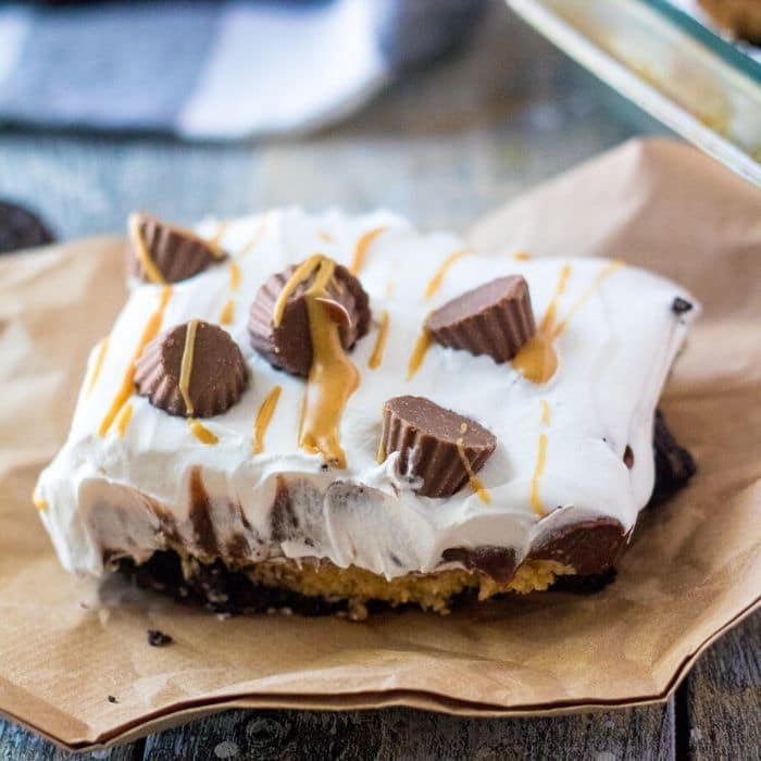 slice of peanut butter lasagna on paper bag 