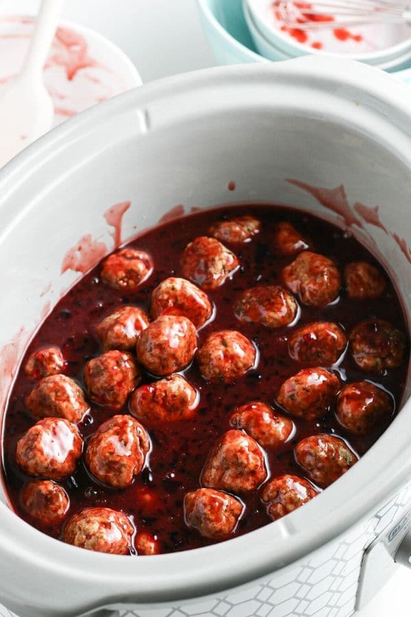 3 Ingredient Slow Cooker Grape Jelly Meatballs • Bake Me Some Sugar