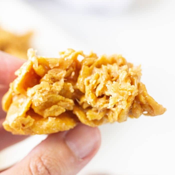 holding a cornflake cookie with bite taken out