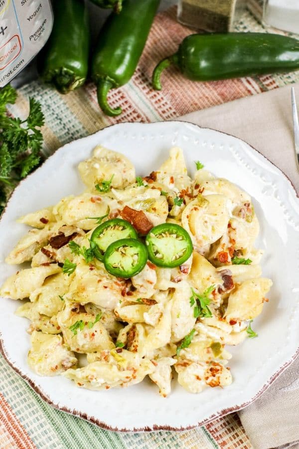 jalapeno popper pasta on a white plate 