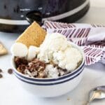 smores cake in a bowl with ice cream