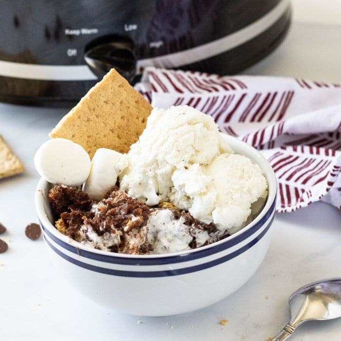 smores cake in a bowl with ice cream 