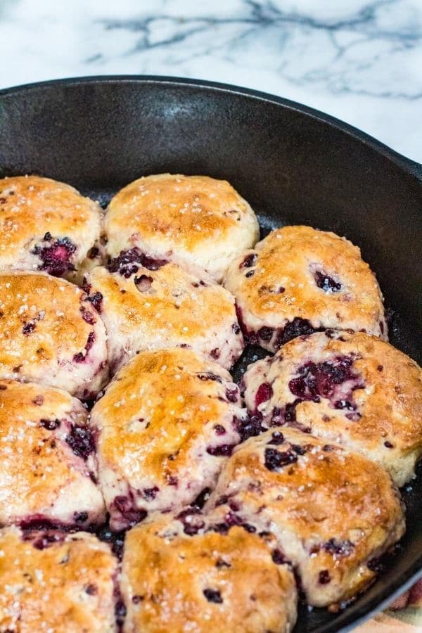 blackberry biscuits in a cast iron skillet 