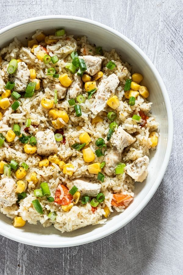 chicken and rice in a bowl