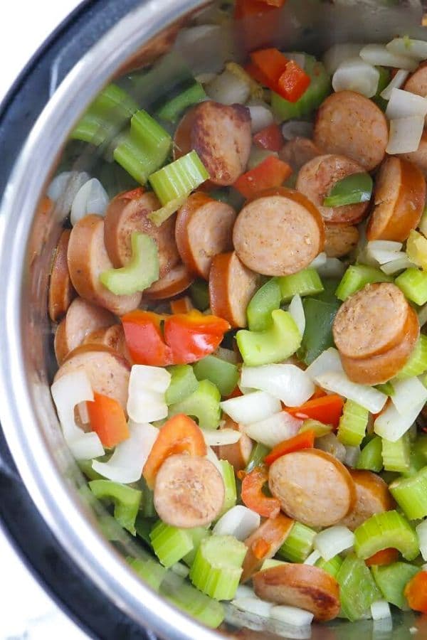 gumbo ingredients in an instant pot with lid off