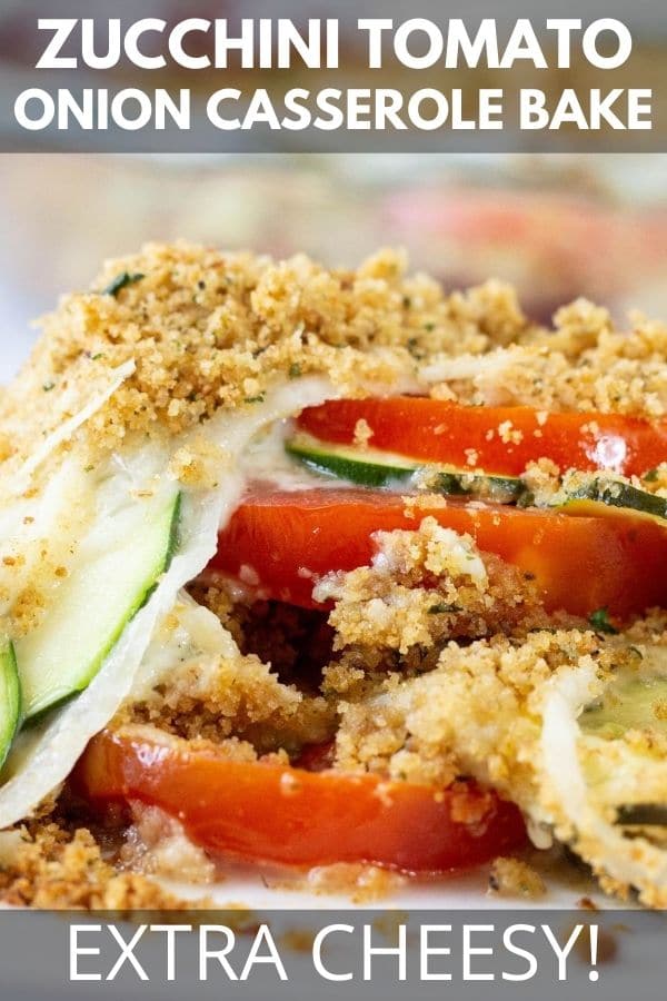 close up view of a zucchini tomato casserole with cheese and breadcrumbs 