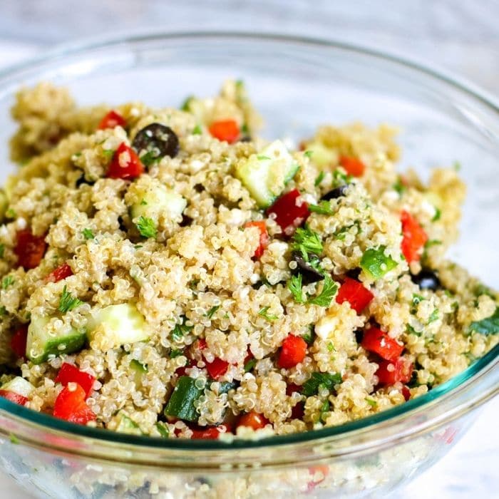 Meditteranean Quinoa Salad in glass bowl