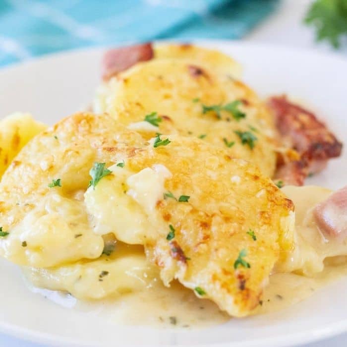 plate with cheesy potatoes on it