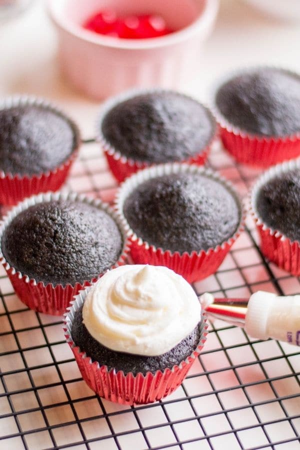 piping frosting on chocolate cupcakes