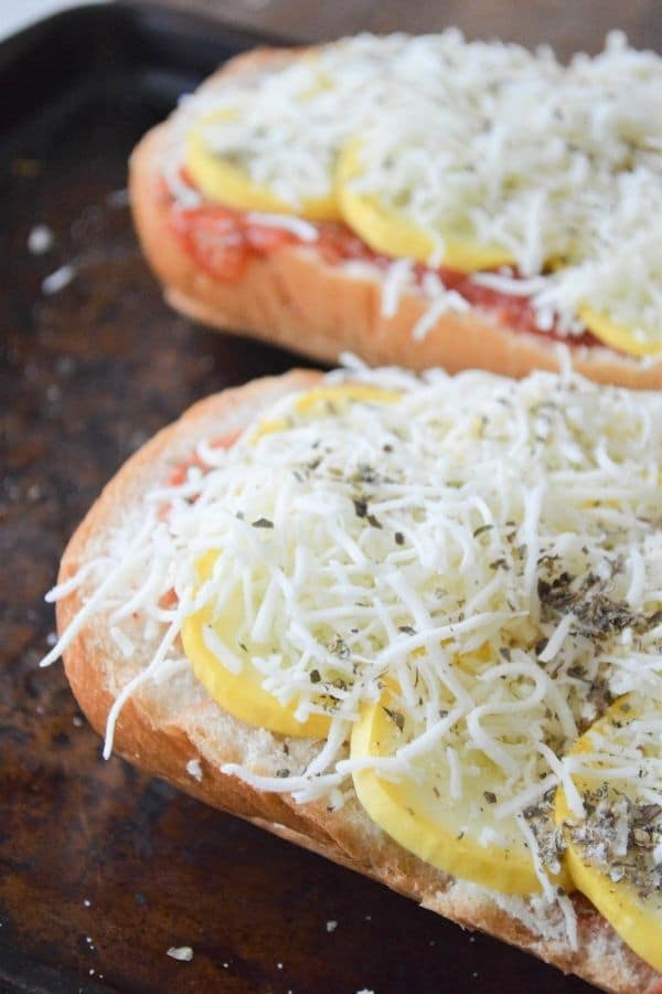 mozzarella cheese topped french bread squash pizza