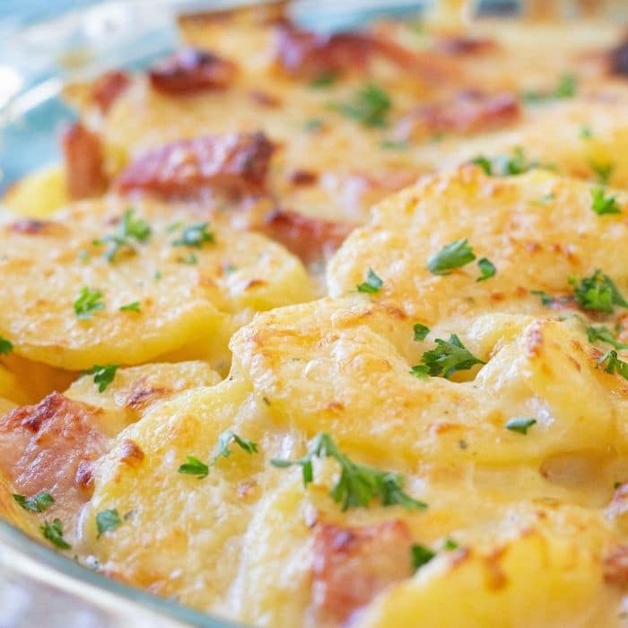 cheesy potatoes in casserole dish 