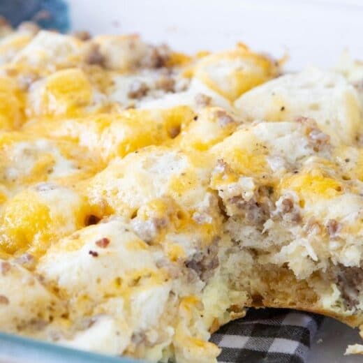 Sausage Egg Biscuit Casserole with Gravy • Bake Me Some Sugar