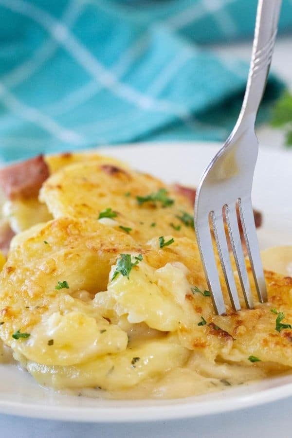 fork in homemade scalloped potatoes on a plate