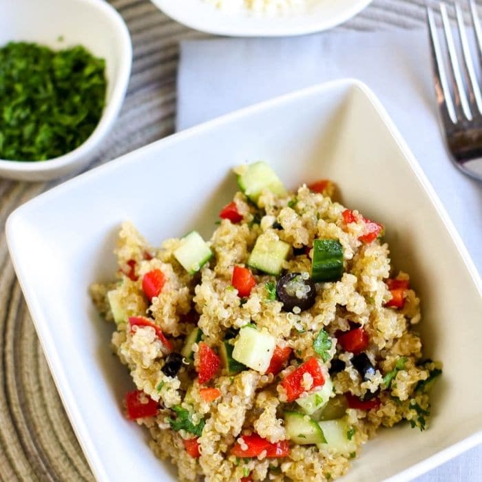 side dish quinoa salad  in square bowl