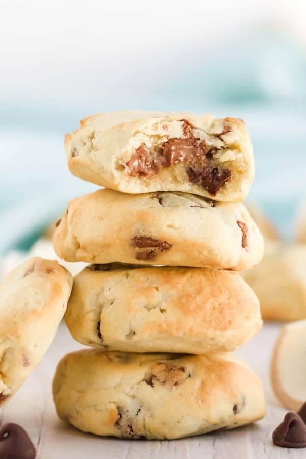 chocolate chip cookies stacked up 