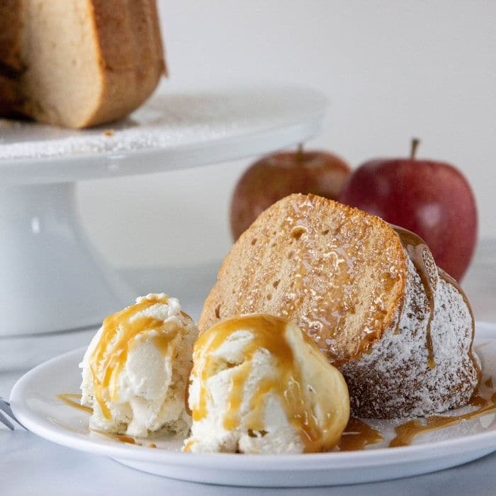 bundt cake with ice cream by it 