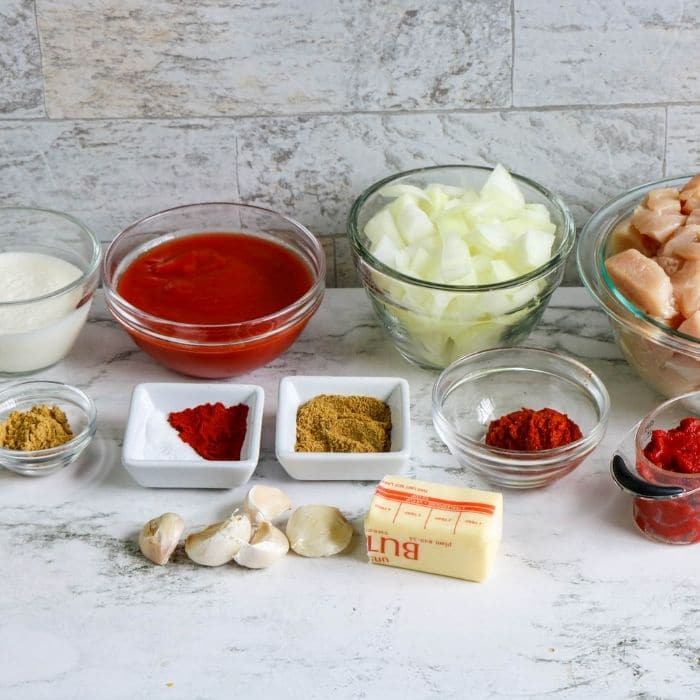 butter chicken ingredients on counter 