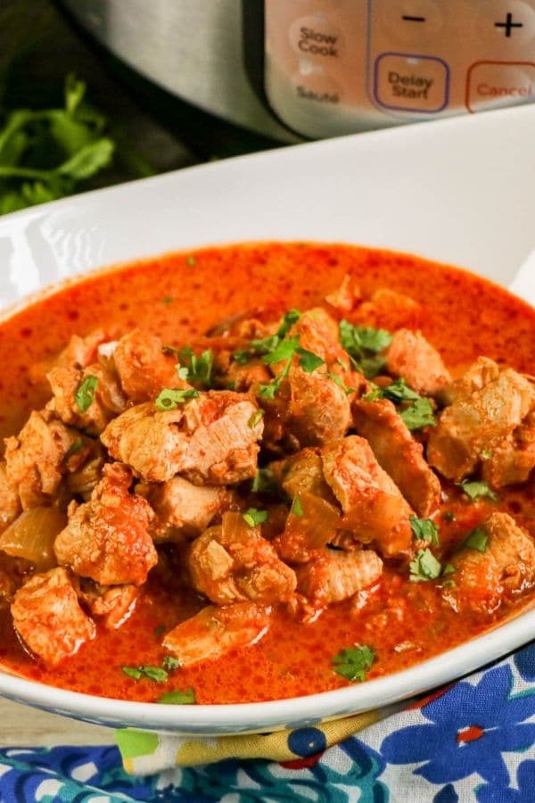 butter chicken in a bowl close up with cilantro on top 