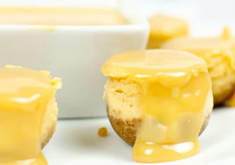 tres leche cheesecake bites on platter