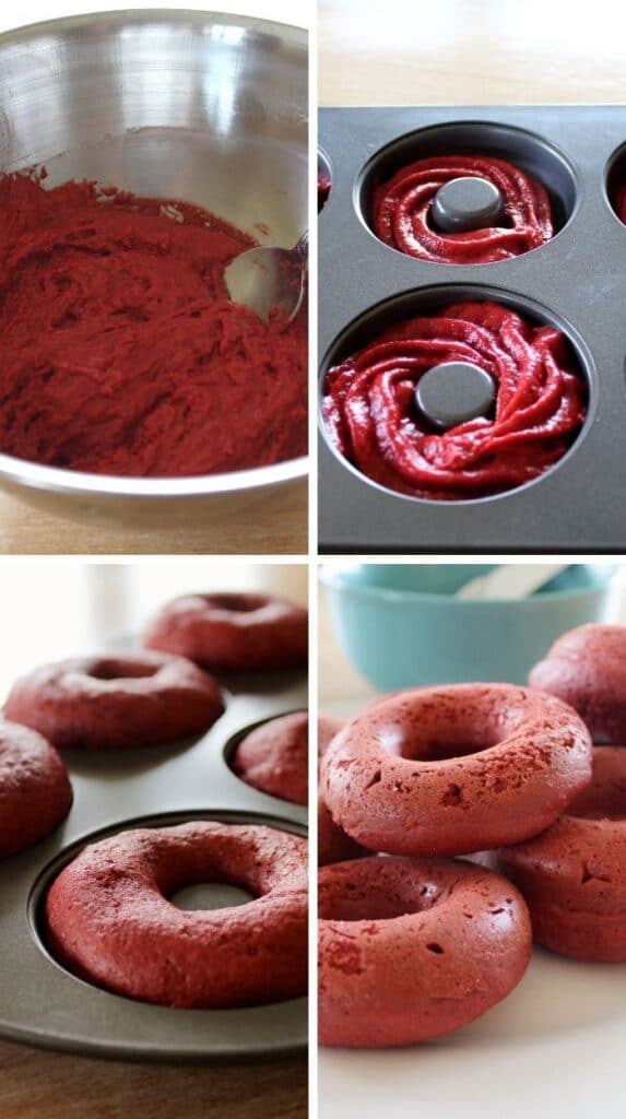 pictures of steps to make baked red velvet donuts