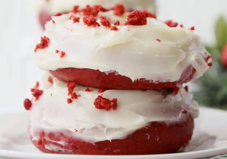 stacked red velvet donuts