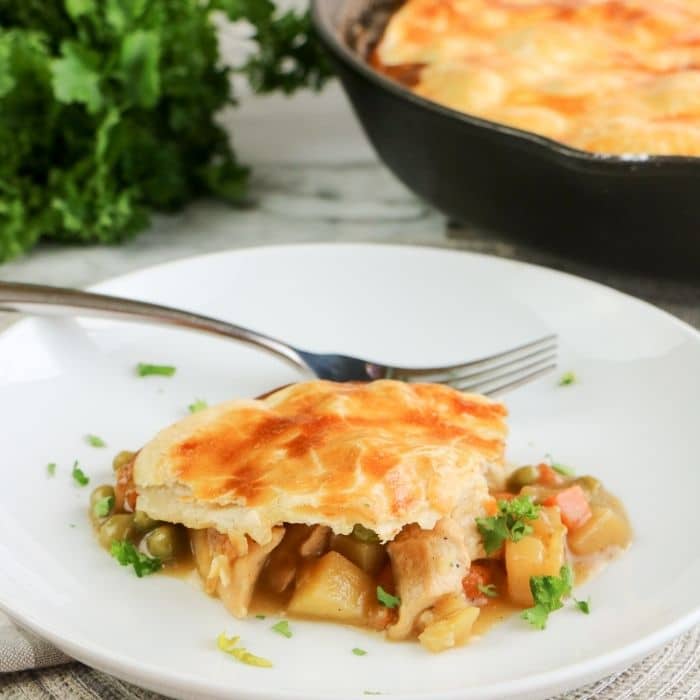 chicken pot pie on a plate with pan behind it 