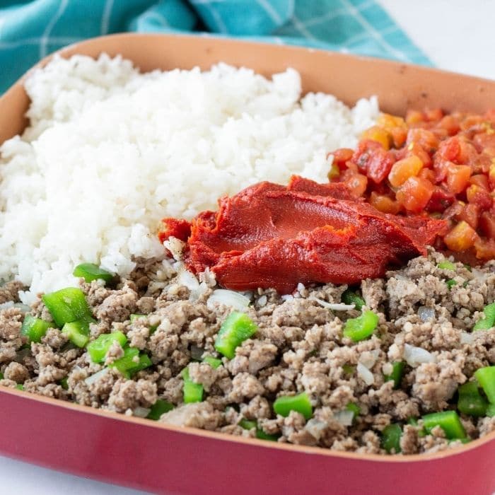 unstuffed pepper casserole ingredients in a skillet on table