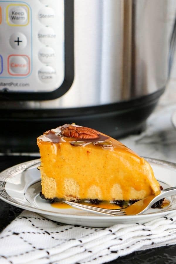 slice of cheesecake on plate with instant pot behind it