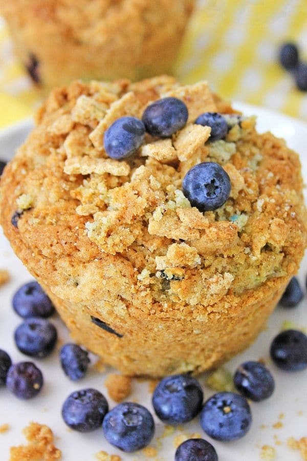 closeup of a blueberry and cereal muffin with berries around the plate